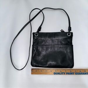 margot Black Leather Crossbody Bag 8.5 x 7.5 silver accents 26 inch drop
